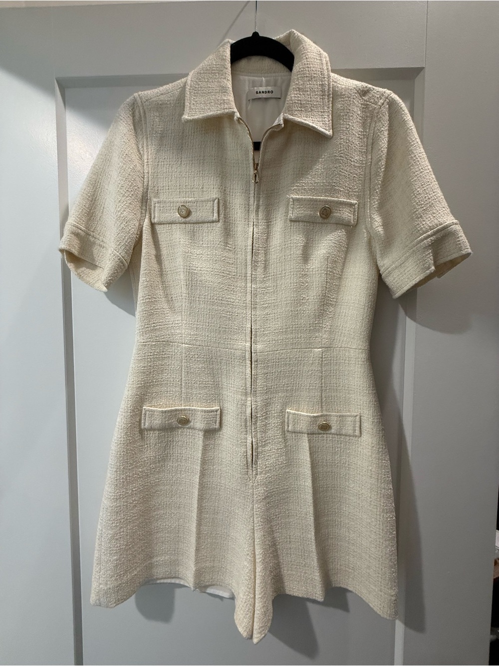 Sandro Ivory Tweed Zip-Front Short Sleeve Romper Dress